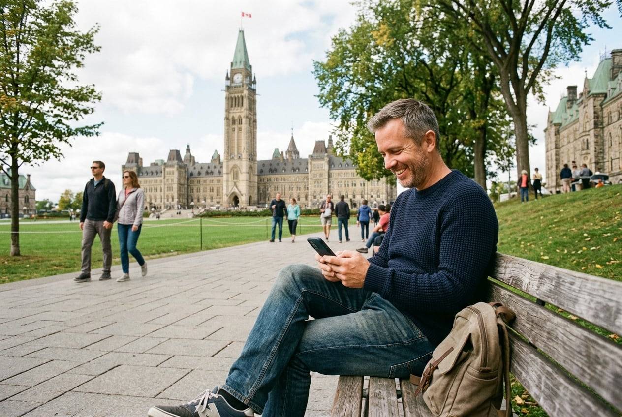 A man in his 40s on Parliament Hill, Ottawa, typing a post on a phone while sitting on a bench, smiling