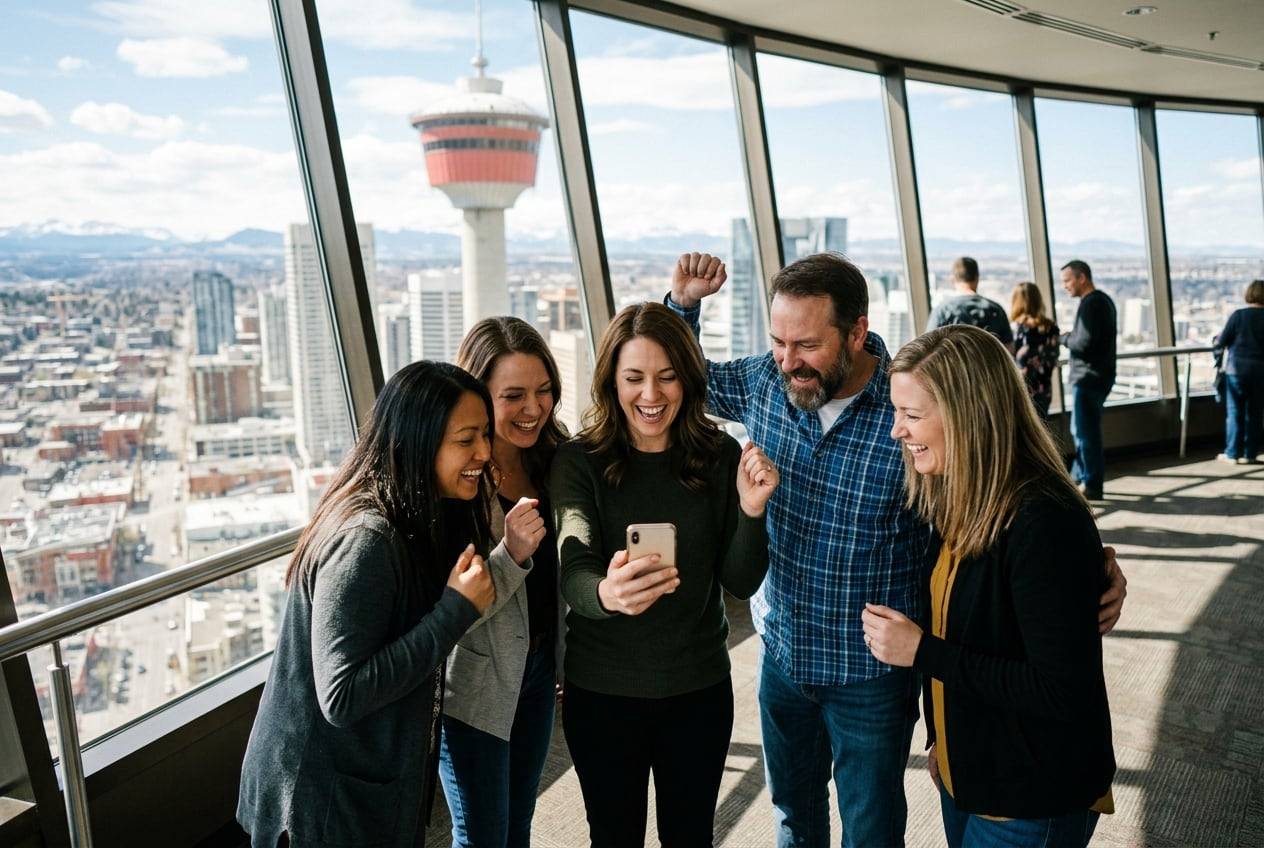 An office team at the Calgary Tower, cheering while looking at one phone, celebrating a campaign launch, in branded-free company clothes