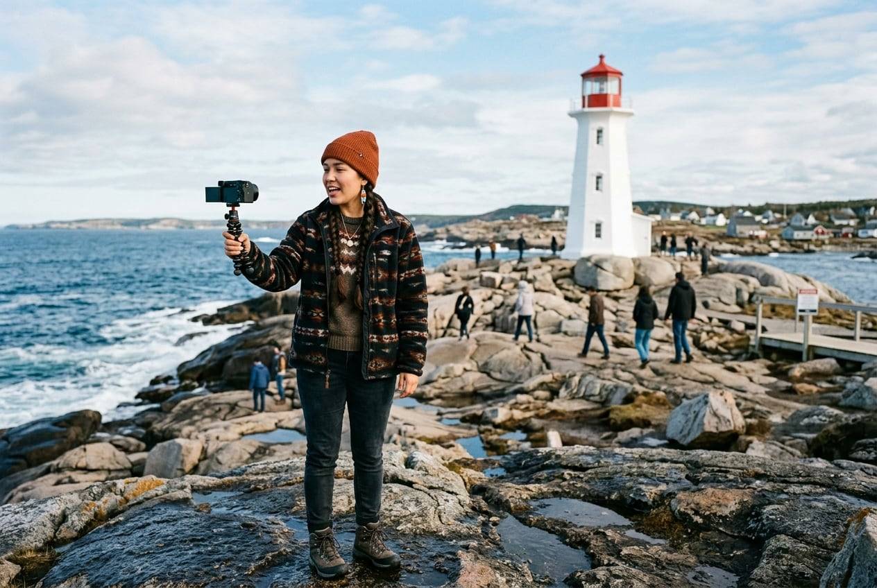A young Indigenous Canadian woman at Peggy's Cove lighthouse, Nova Scotia, filming a travel vlog with a small camera on a handheld tripod, one person talking