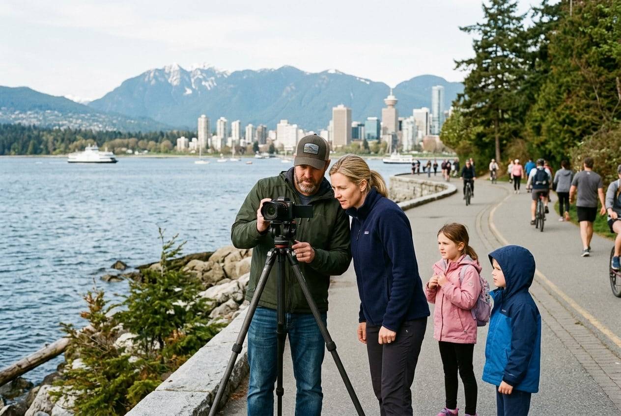 A family at Stanley Park seawall, Vancouver, filming a wide shot of the scene with a camera on a tripod, checking the flip screen