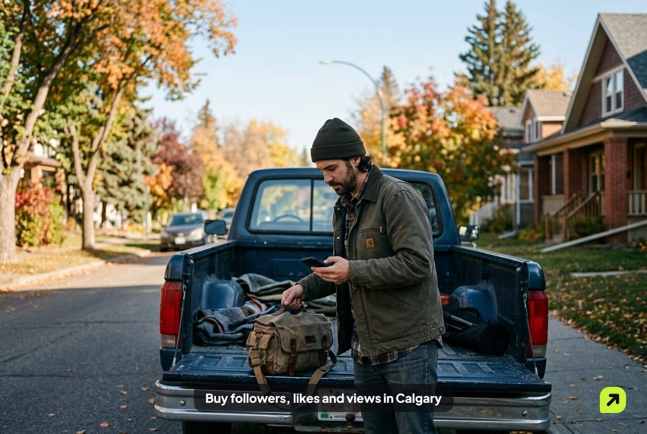 Man in a canvas jacket loading a camera bag into a pickup truck in Inglewood, Calgary, on a clear autumn morning