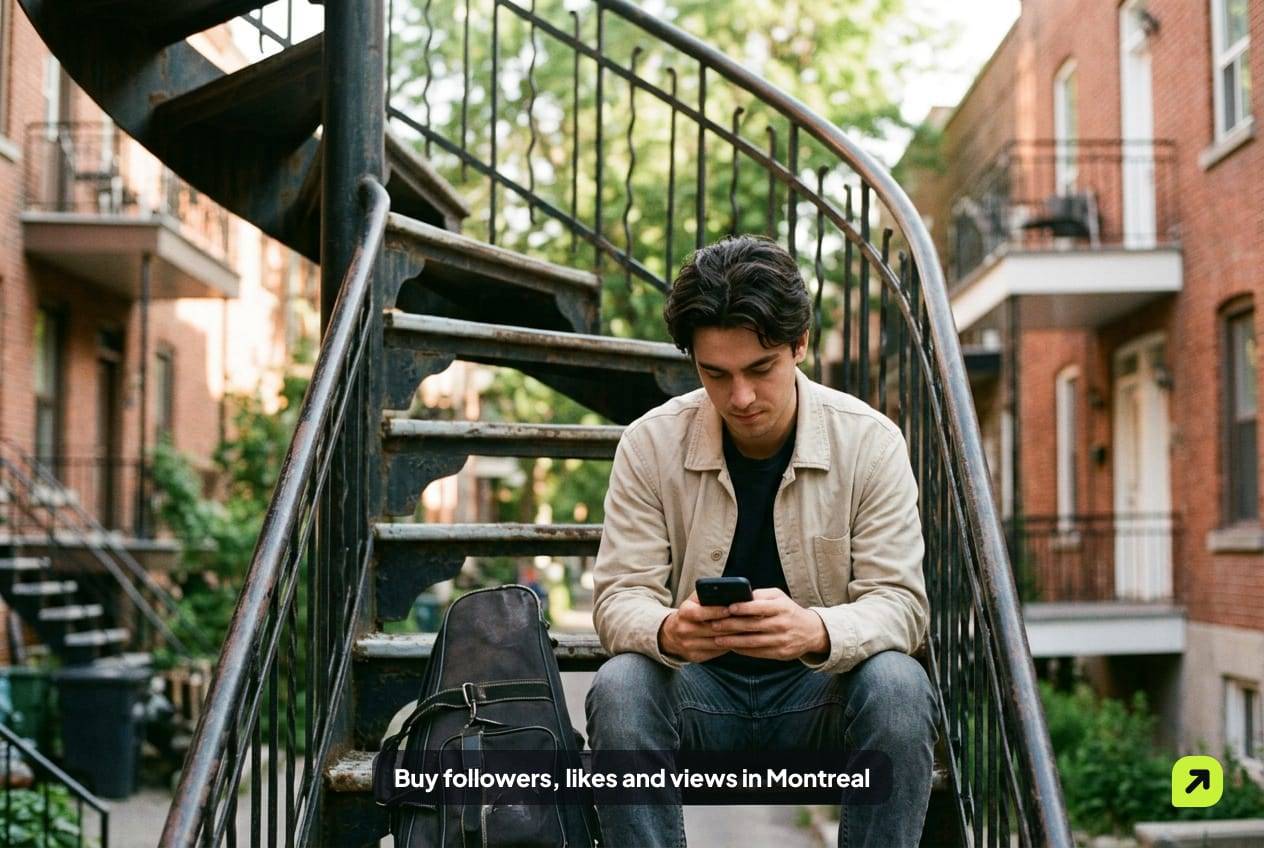 Young musician with a trumpet case on an outdoor spiral staircase in the Plateau, Montreal, on a June evening