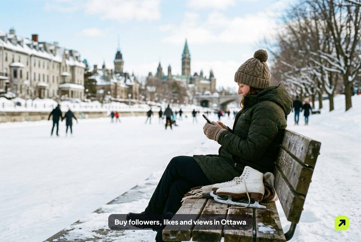 Woman in a parka on a bench by the frozen Rideau Canal in Ottawa, skates beside her, looking at her phone