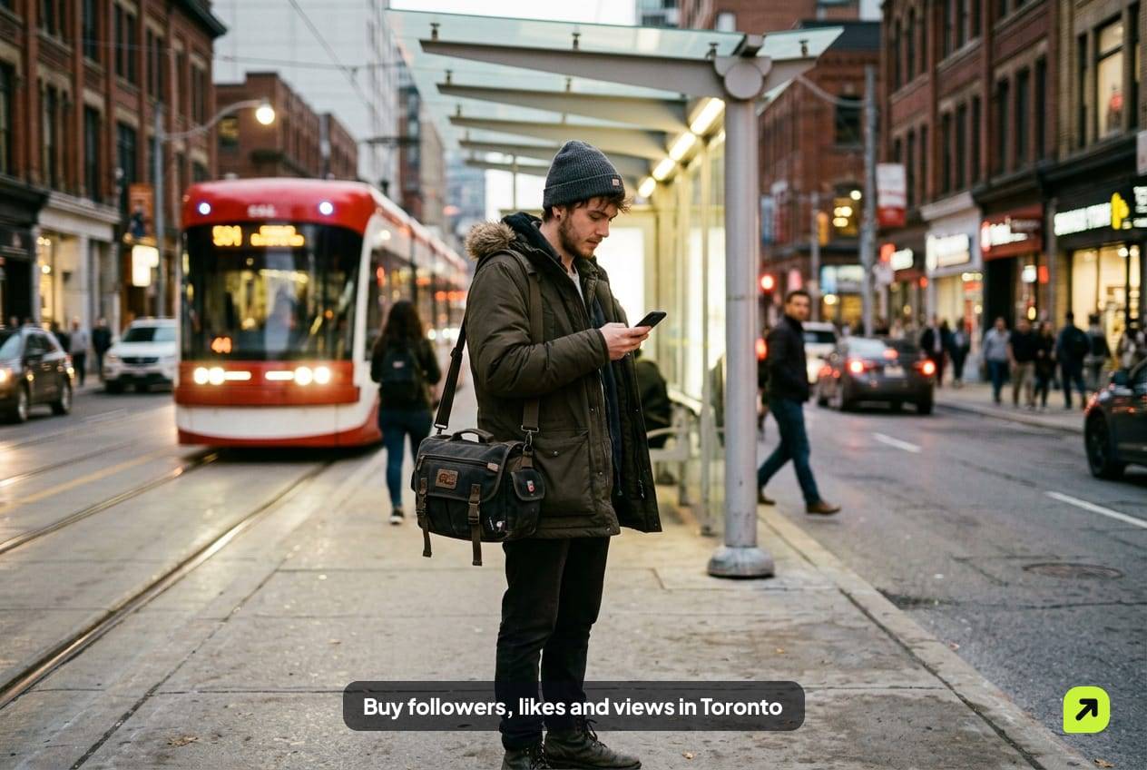 Young filmmaker with a camera bag at a King Street West streetcar stop in Toronto on a September evening, checking his phone