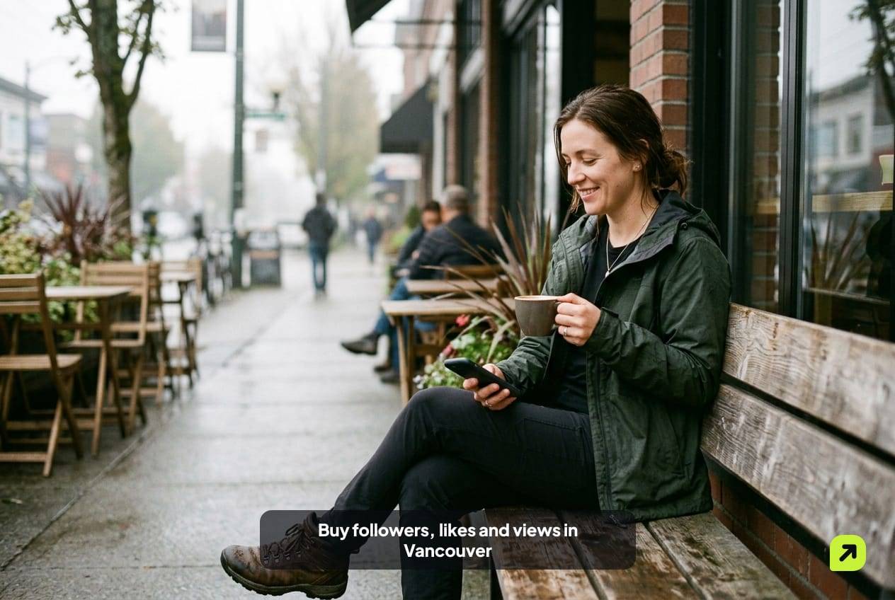Woman in a rain shell and hiking boots on a Commercial Drive café patio in Vancouver on a misty morning, holding her phone