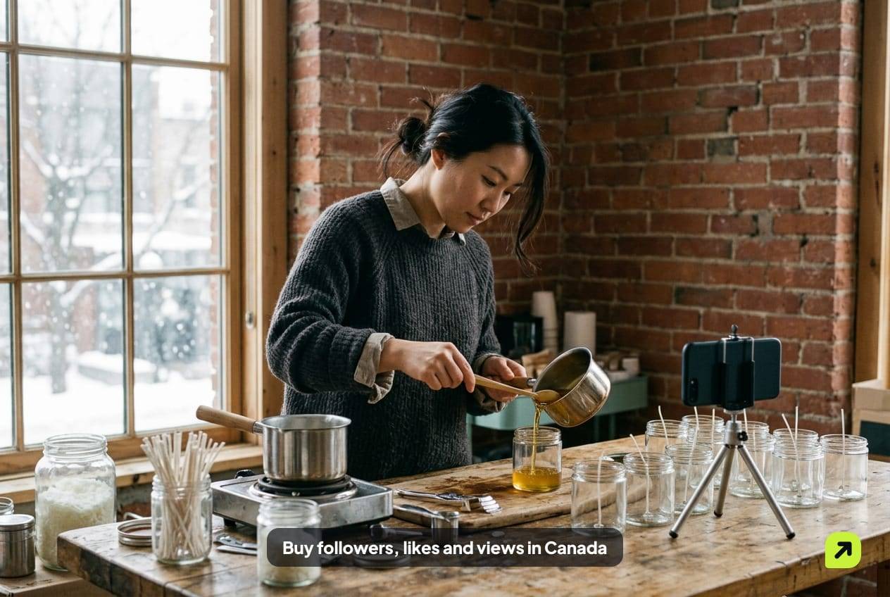 Candle maker pouring wax into glass jars in a brick-walled studio as snow falls outside, phone on a tripod beside her