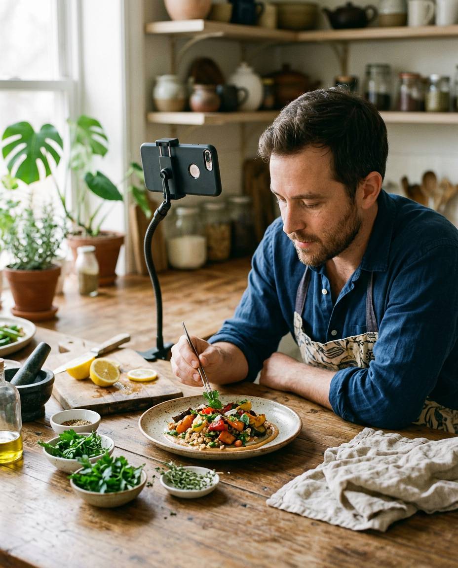 Home cook plating a dish while his phone films from above