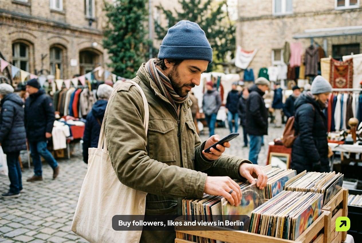 Man sorting vinyl records at a courtyard flea market in Neukölln, Berlin, on a bright cold morning