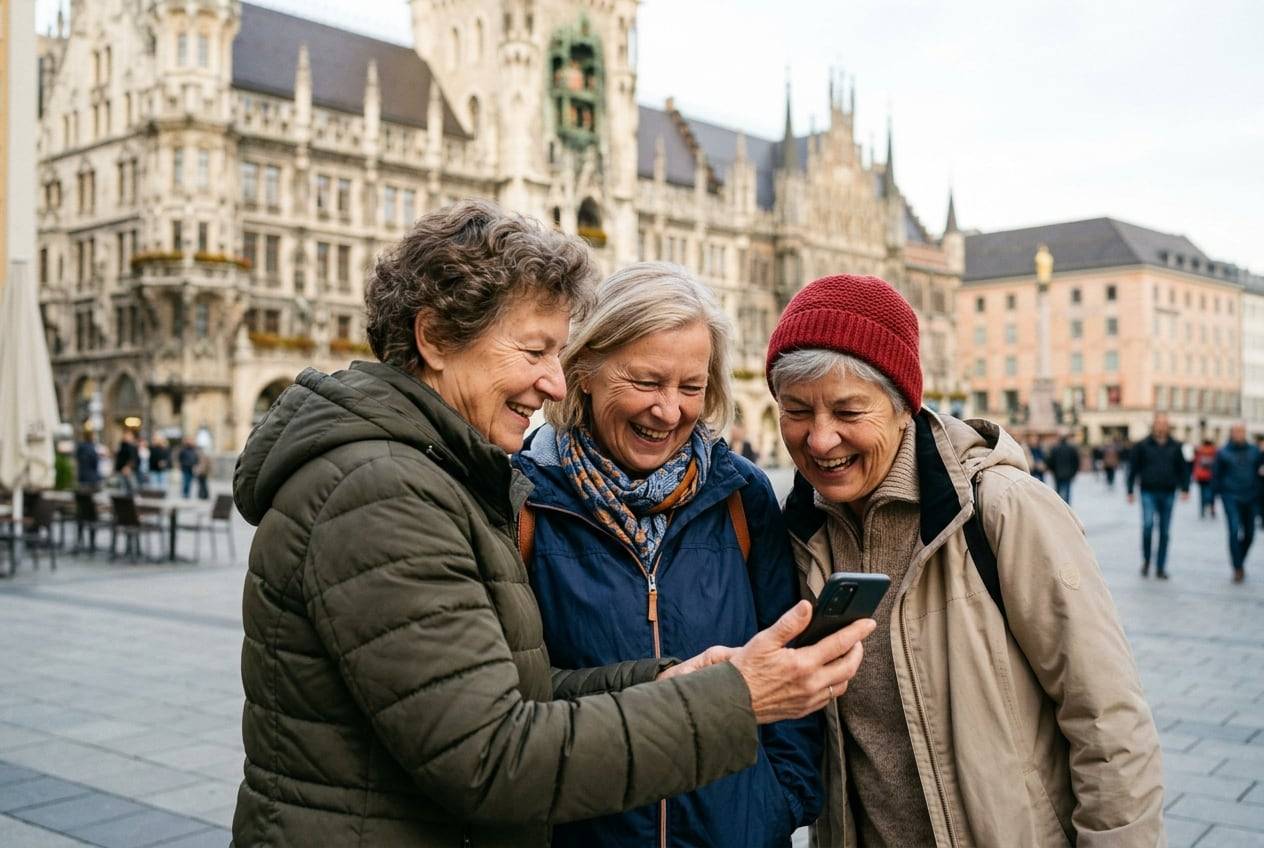 Three older friends at Marienplatz, Munich, looking at a phone together and laugh at the replies