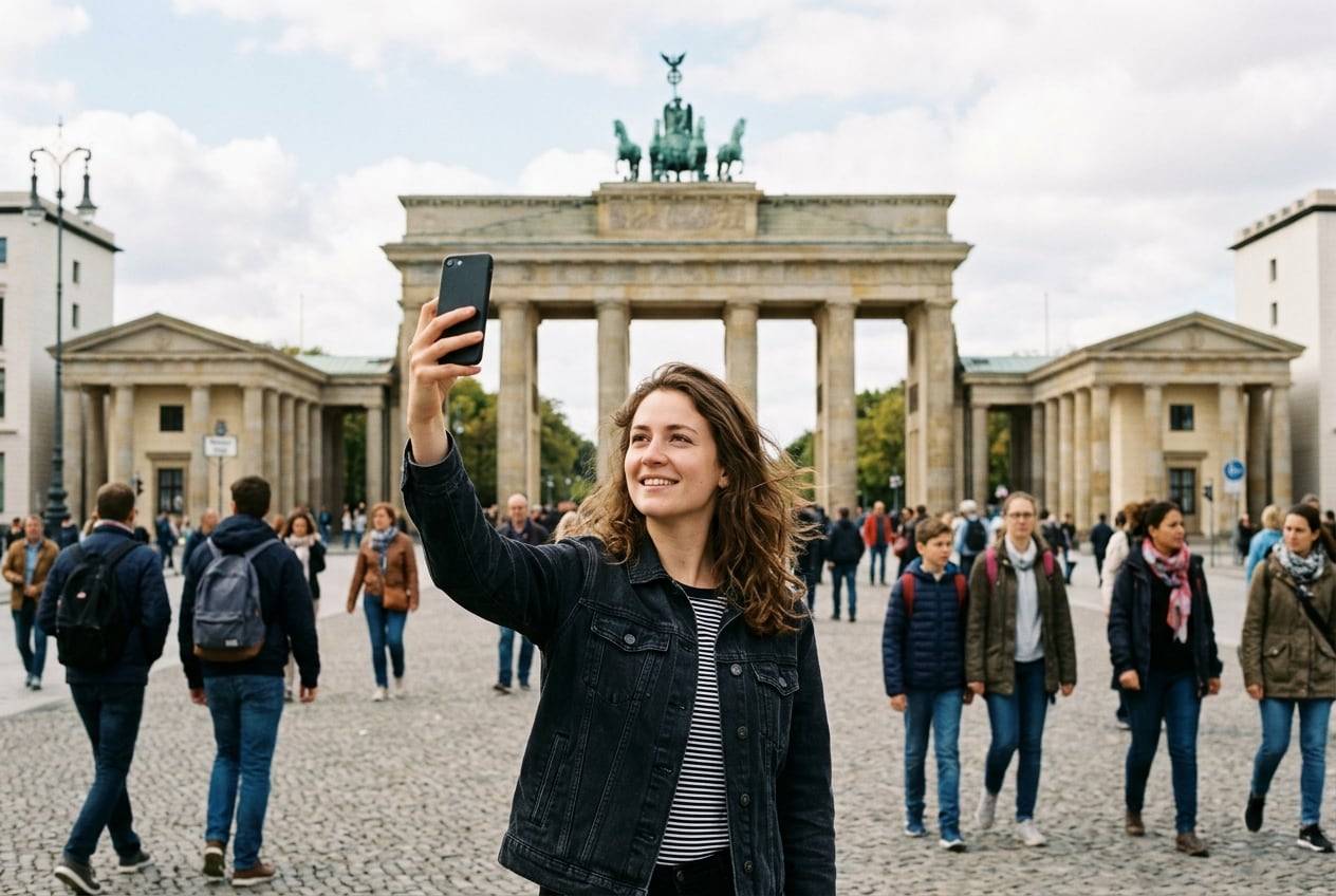 A young woman at the Brandenburg Gate, Berlin, taking a selfie-style photo for a Instagram profile with a phone held up