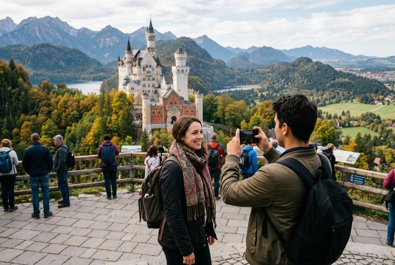 A couple at Neuschwanstein Castle, photographing the view and each other with a phone for an Instagram post