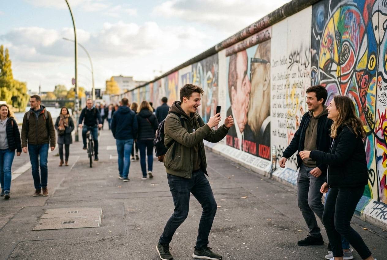A young man at the East Side Gallery, Berlin, filming a short vertical Reel with a phone, one of them mid-movement