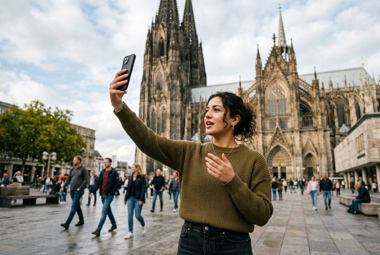 A young Turkish-German woman in front of Cologne Cathedral, recording a vertical TikTok video talking to a phone held at arm's length