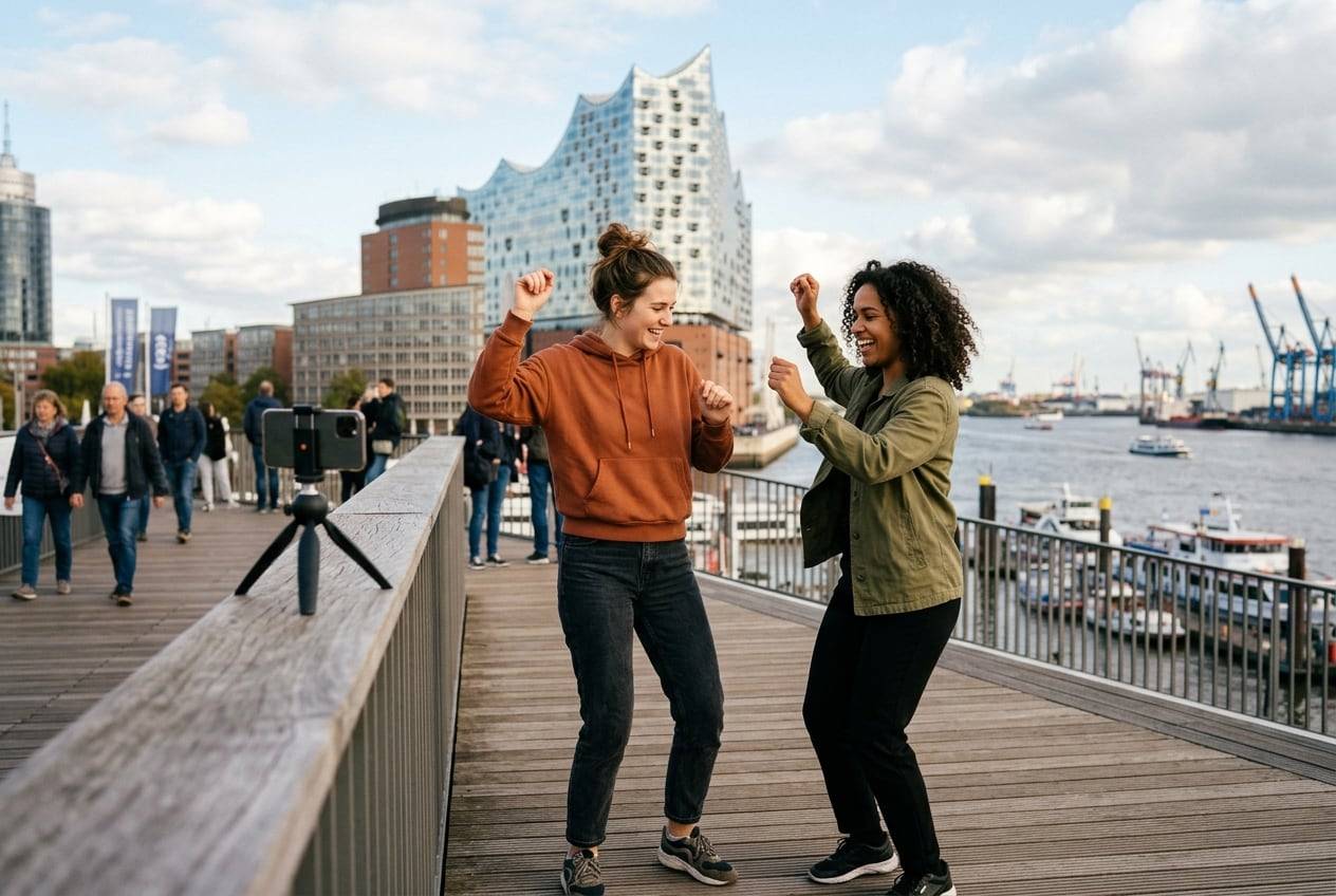 Two friends at the Elbphilharmonie, Hamburg, dancing a TikTok trend together while a phone on a mini tripod records them