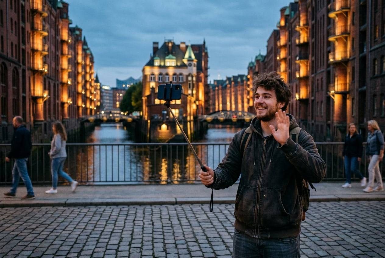 A young man at dusk in Hamburg Speicherstadt, going live on a phone on a selfie stick at dusk, waving at the phone, city lights coming on