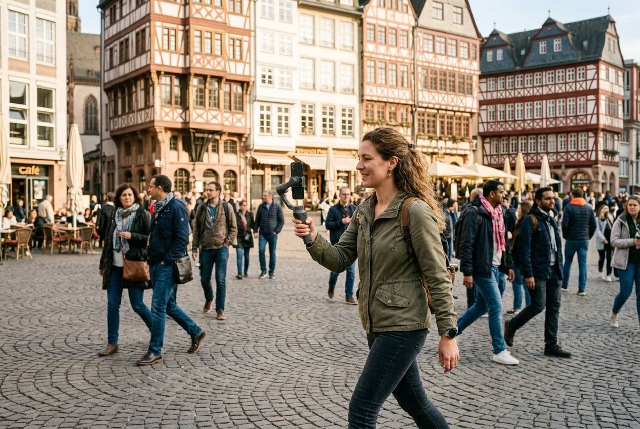 A woman in her 30s at the Römerberg, Frankfurt, filming a vertical video with a phone gimbal while walking