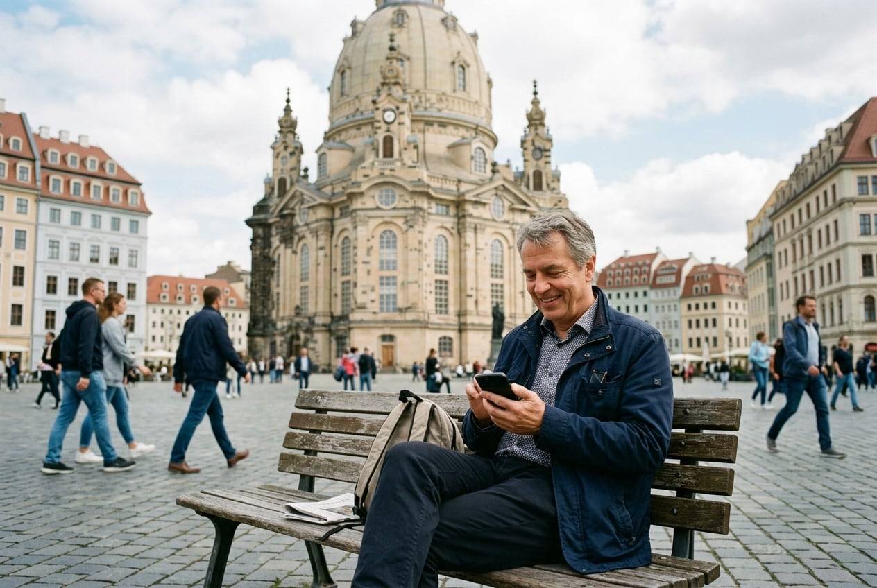 A man in his 50s by the Frauenkirche, Dresden, typing a post on a phone while sitting on a bench, smiling