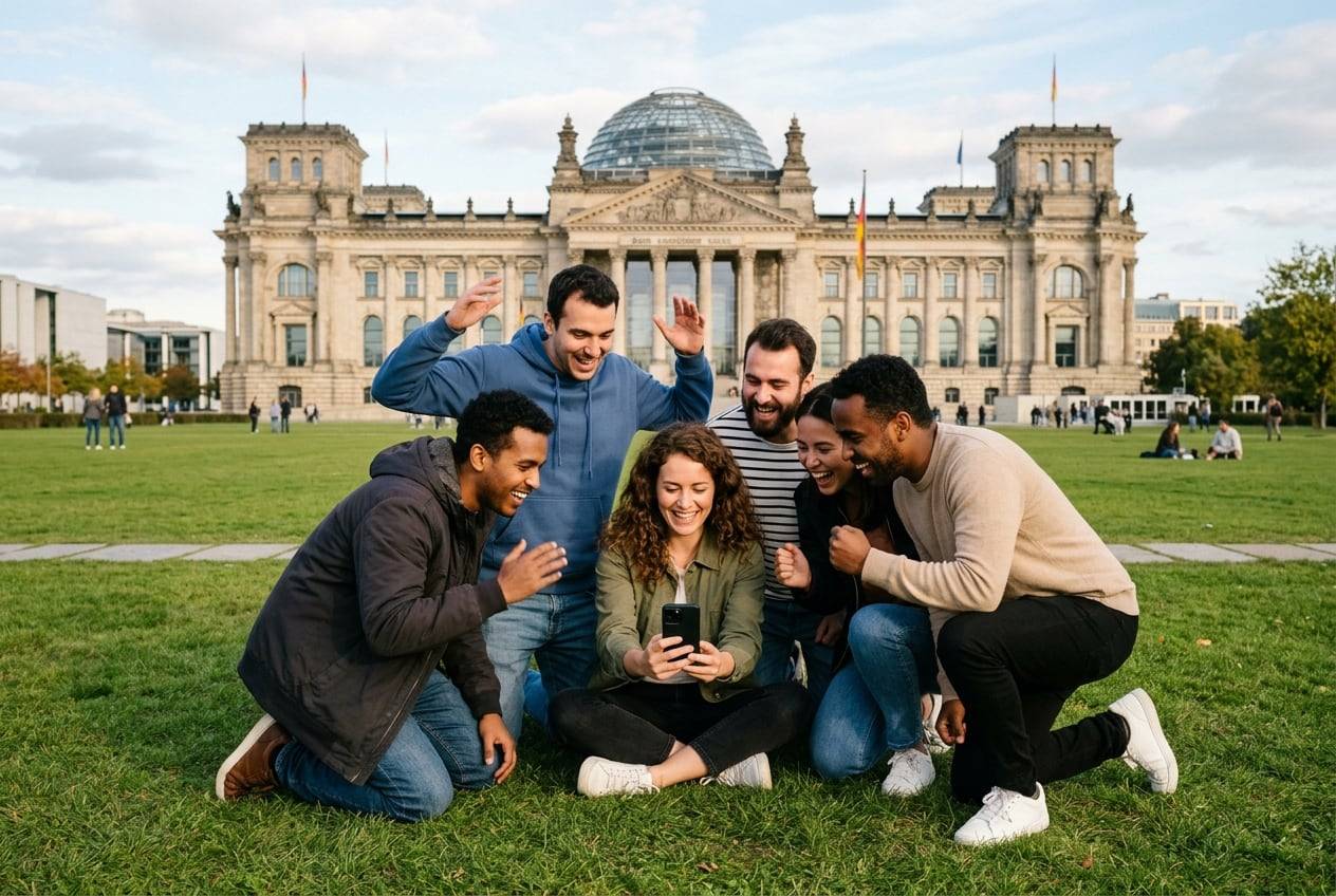 An office team at the Reichstag dome lawn, Berlin, cheering while looking at one phone, celebrating a campaign launch, in branded-free company clothes