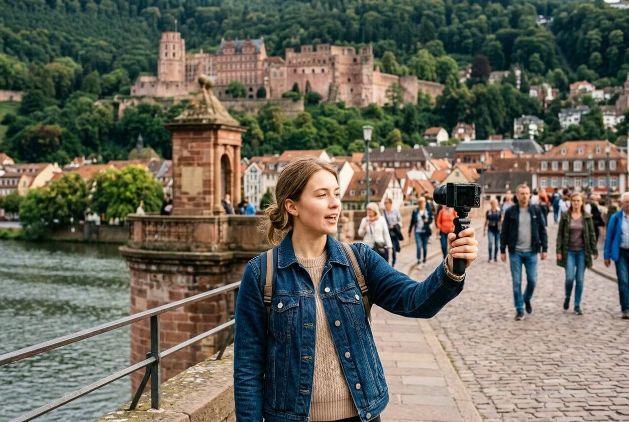 A young woman at Heidelberg Old Bridge with the castle above, filming a travel vlog with a small camera on a handheld tripod, one person talking