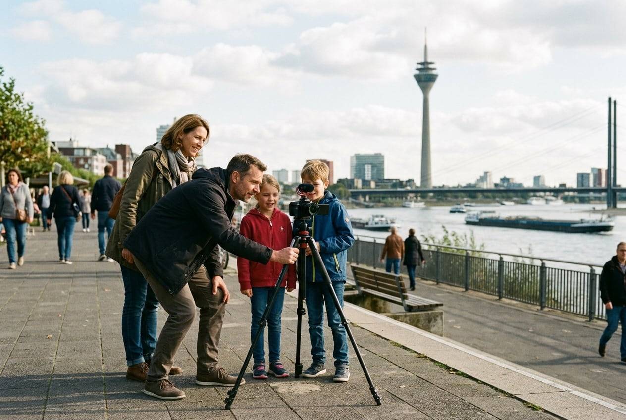 A family at the Rhine promenade, Düsseldorf, filming a wide shot of the scene with a camera on a tripod, checking the flip screen
