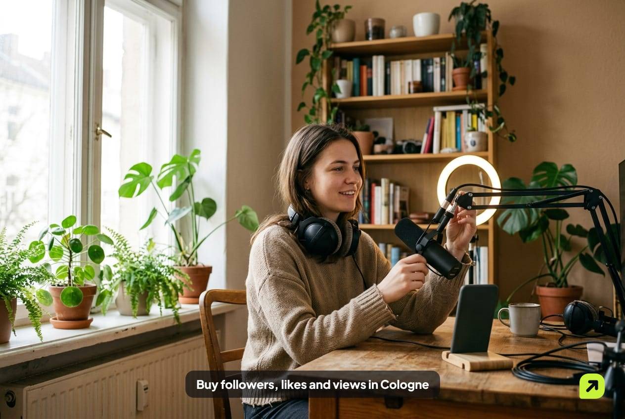 Streamer with headphones at a desk with a ring light in a small apartment in Ehrenfeld, Cologne