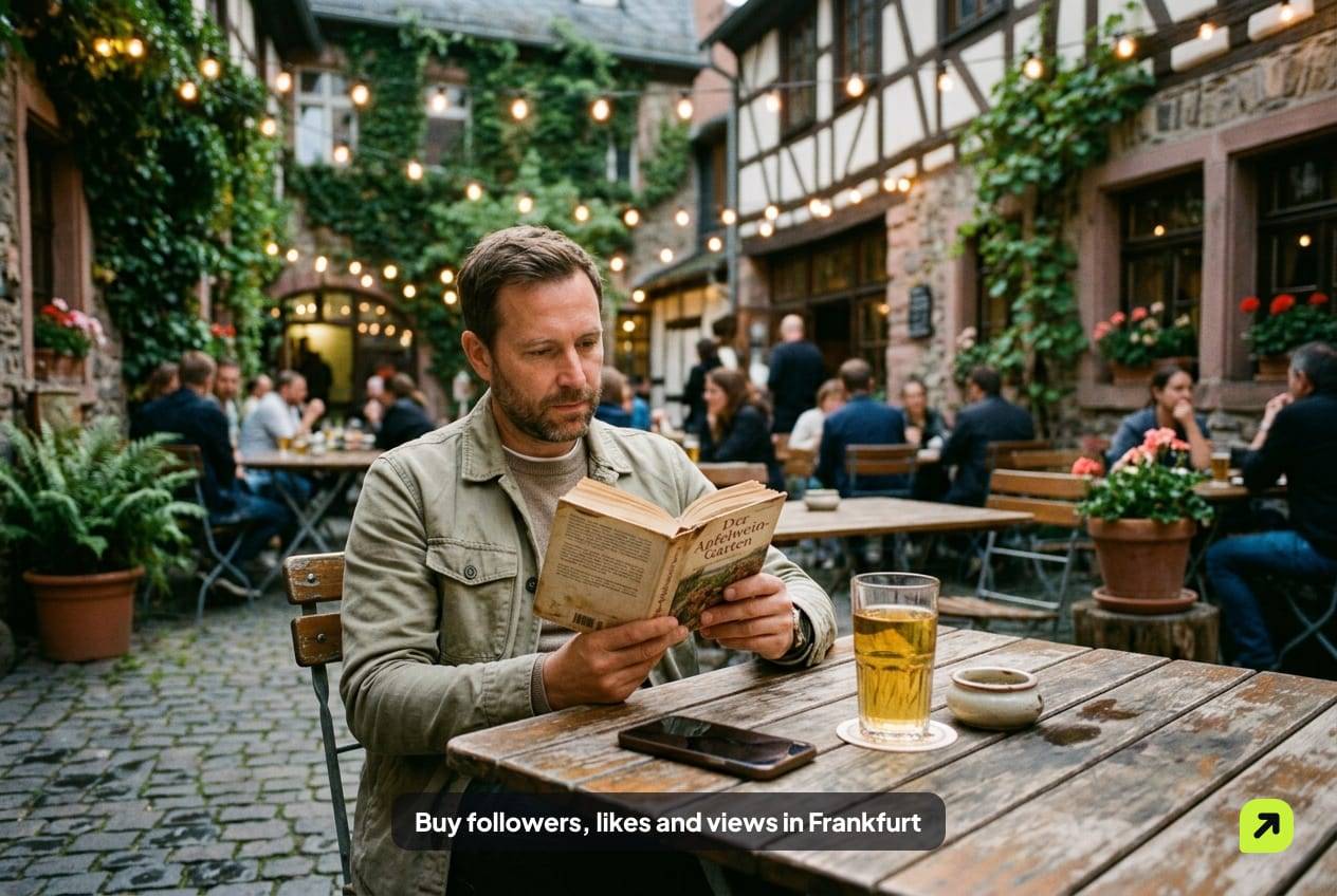 Man reading in a cobbled apple-wine tavern courtyard in Sachsenhausen, Frankfurt, under string lights