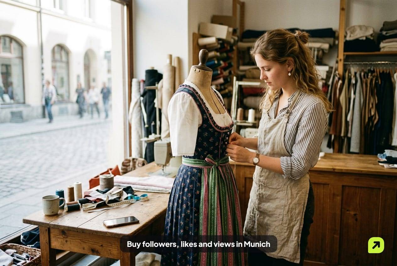 Tailor adjusting a dirndl on a mannequin in a small workshop in Munich's Glockenbach quarter