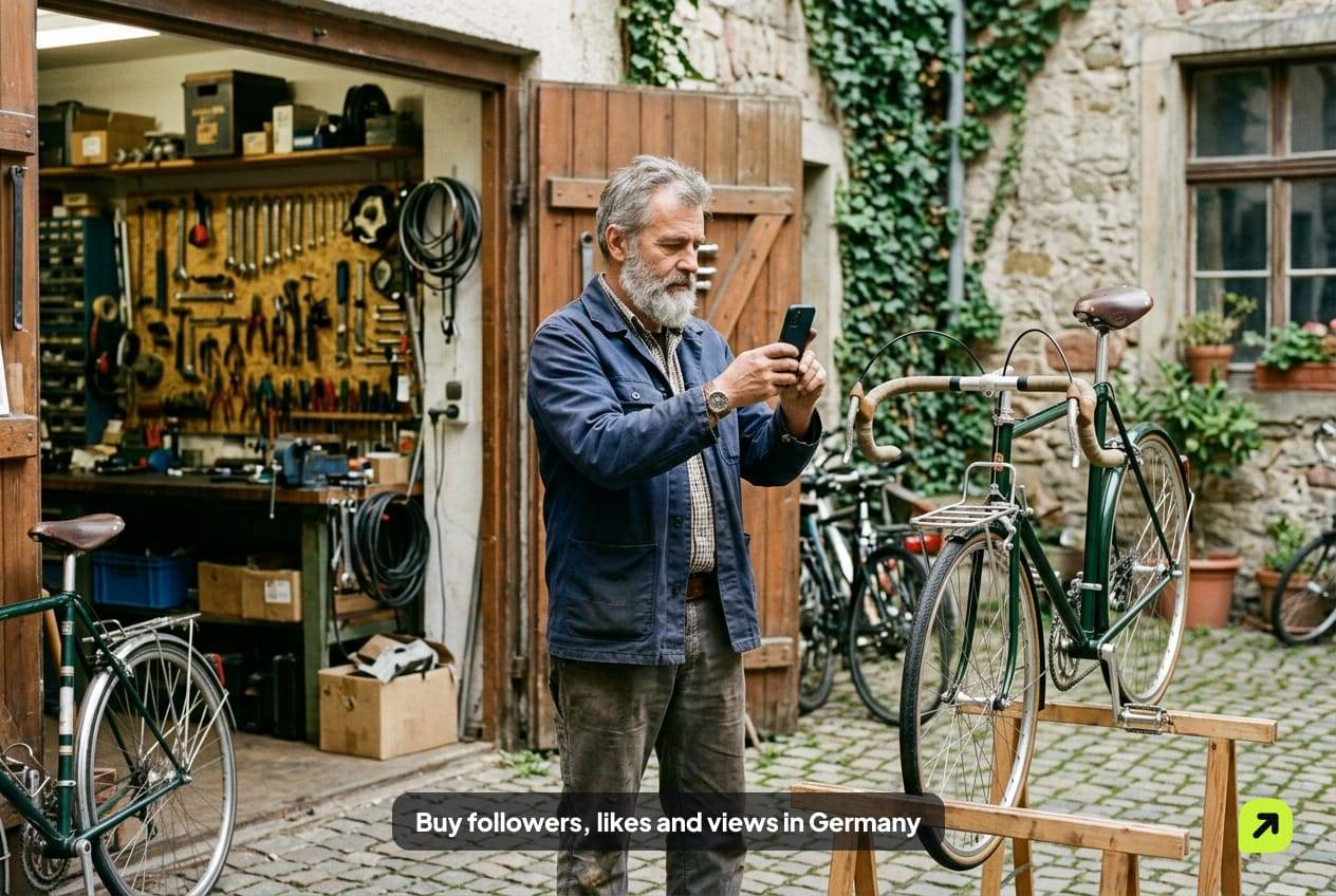 Bike mechanic in his fifties photographing a restored bicycle outside his workshop in a German courtyard