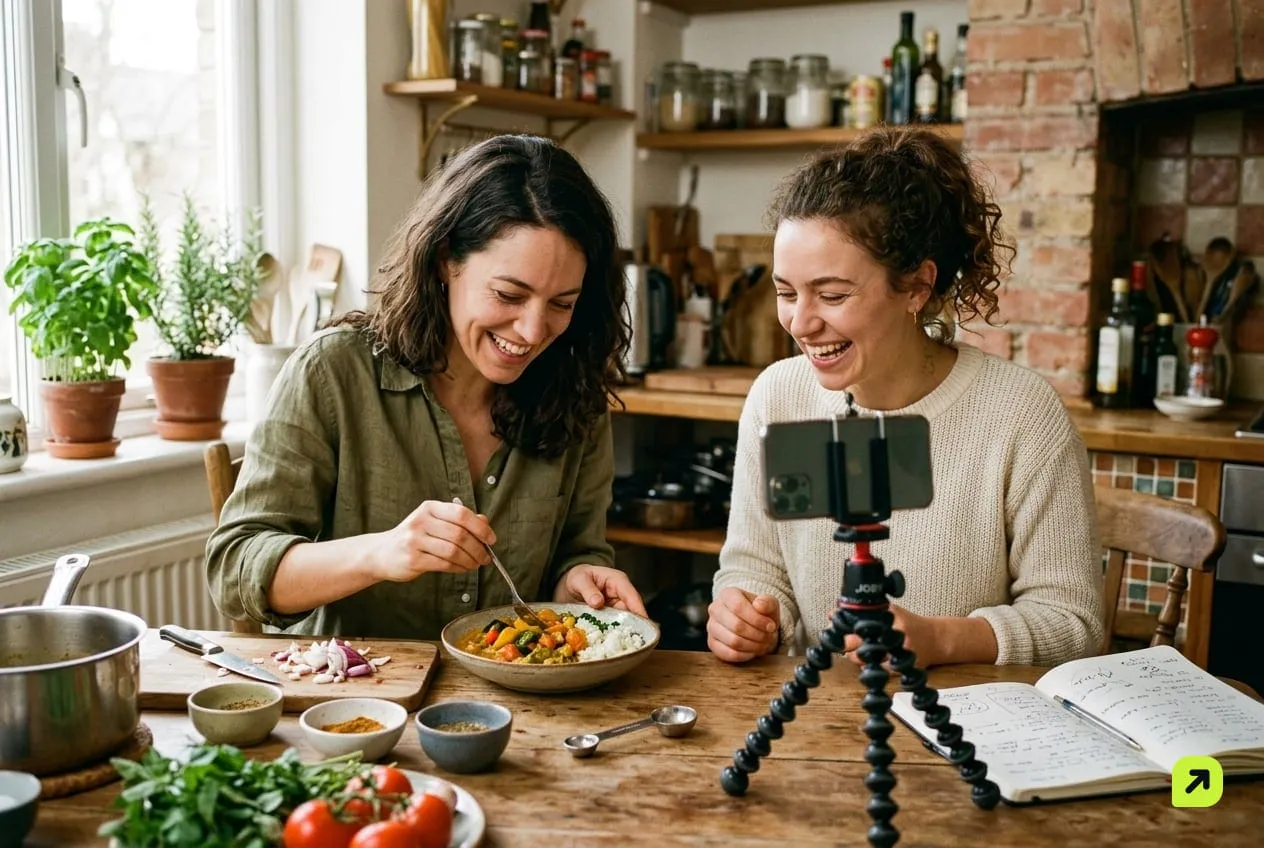 Two friends at a kitchen table filming a cooking video on a phone mounted on a small tripod