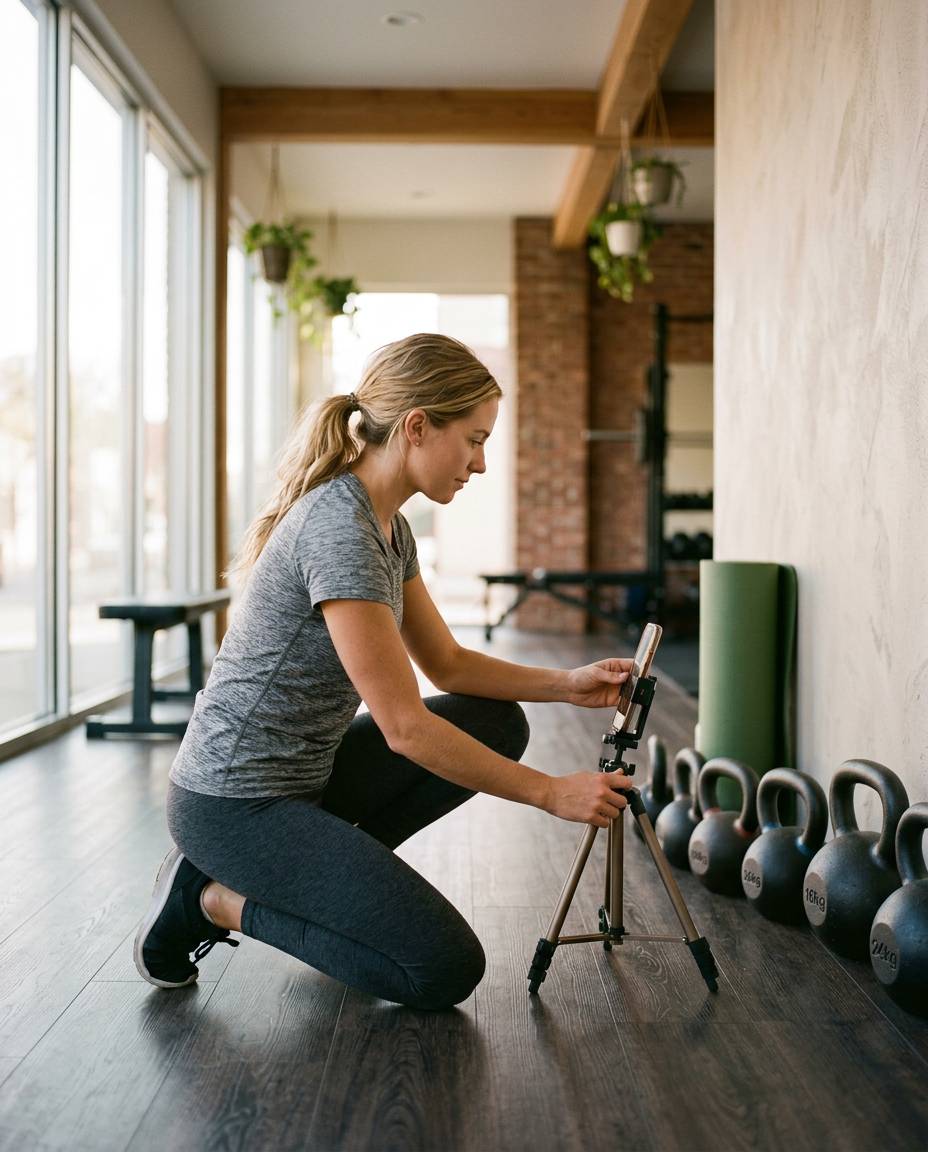 Fitness coach setting up her phone on a tripod to film a workout