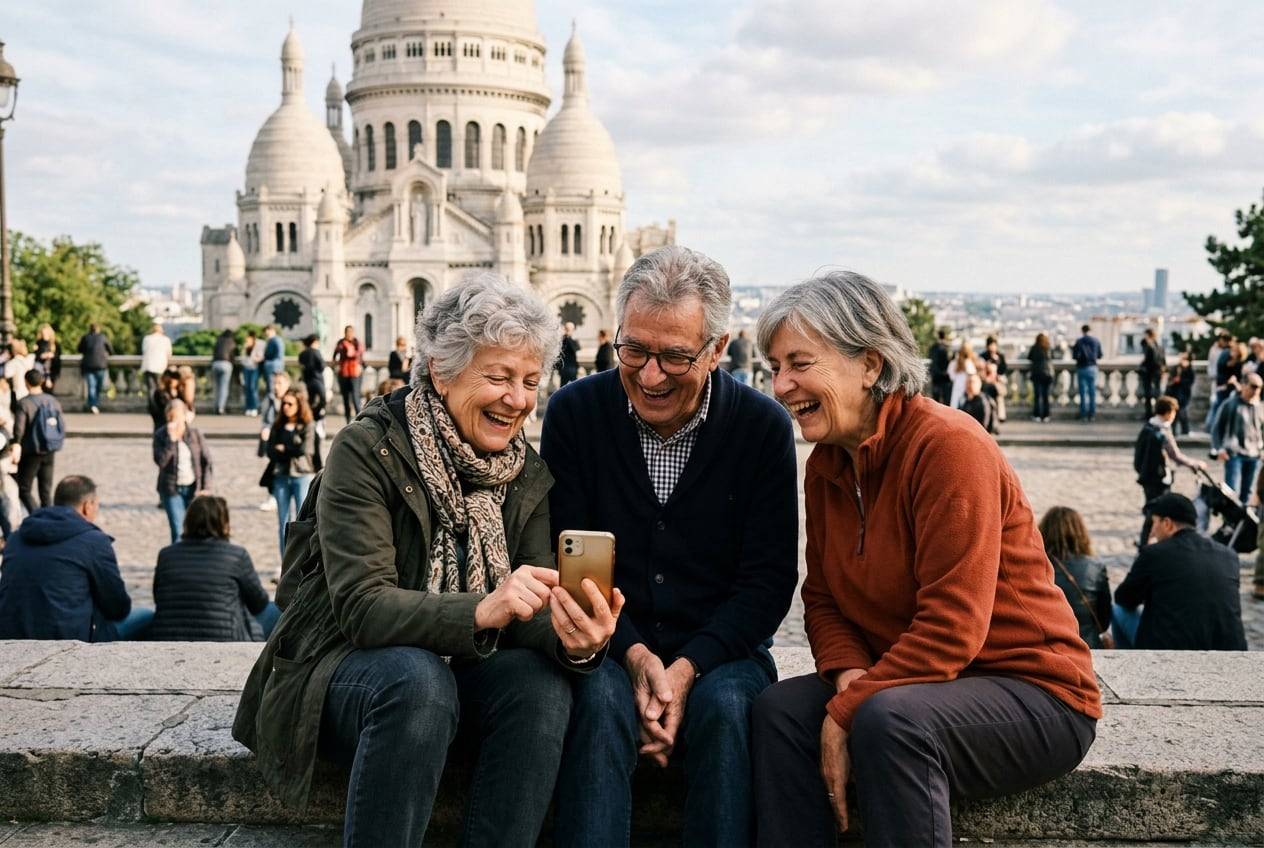 Three older friends on the steps of Sacré-Cœur, Montmartre, Paris, looking at a phone together and laugh at the replies