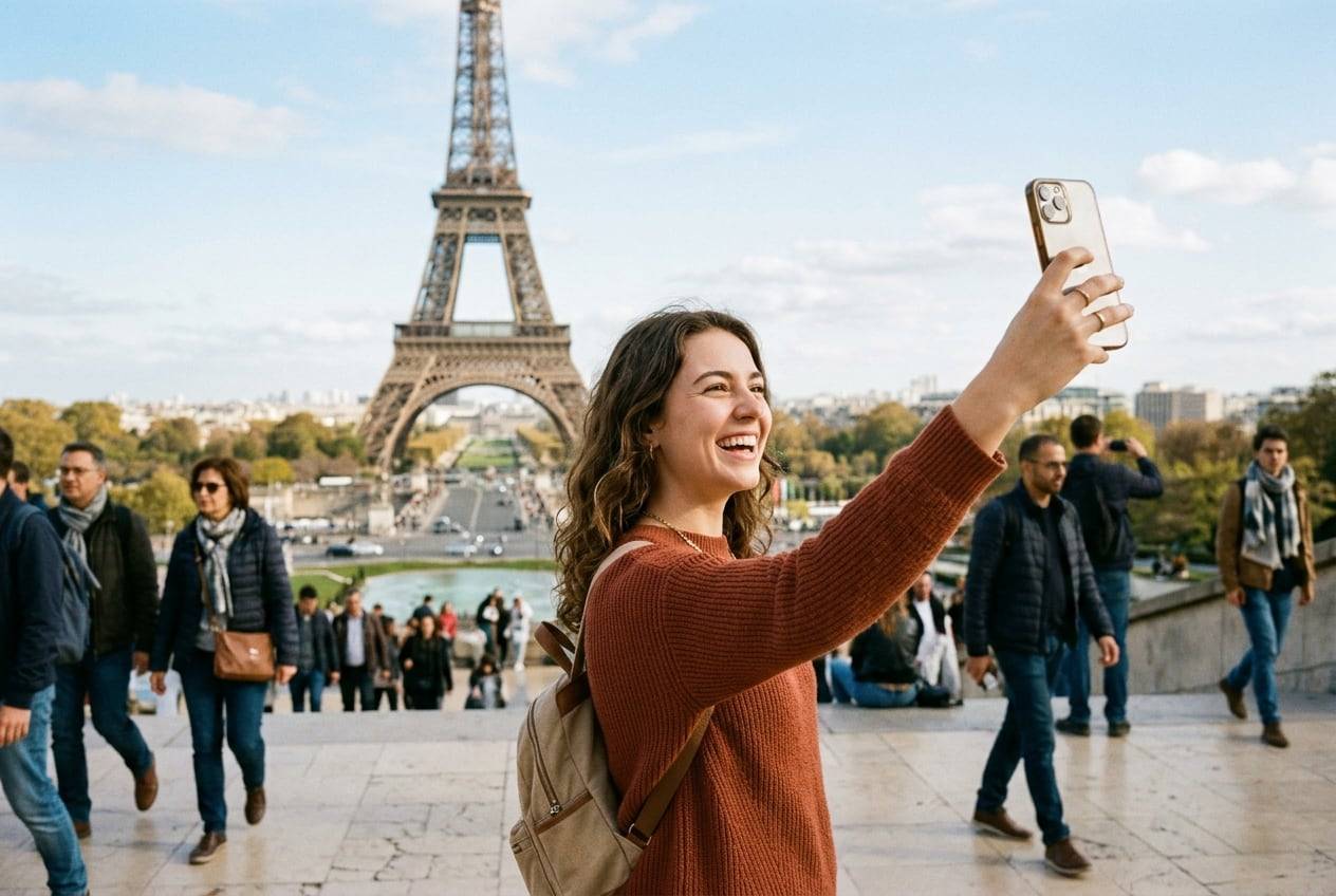 A young woman at the Trocadéro with the Eiffel Tower behind, Paris, taking a selfie-style photo for a Instagram profile with a phone held up