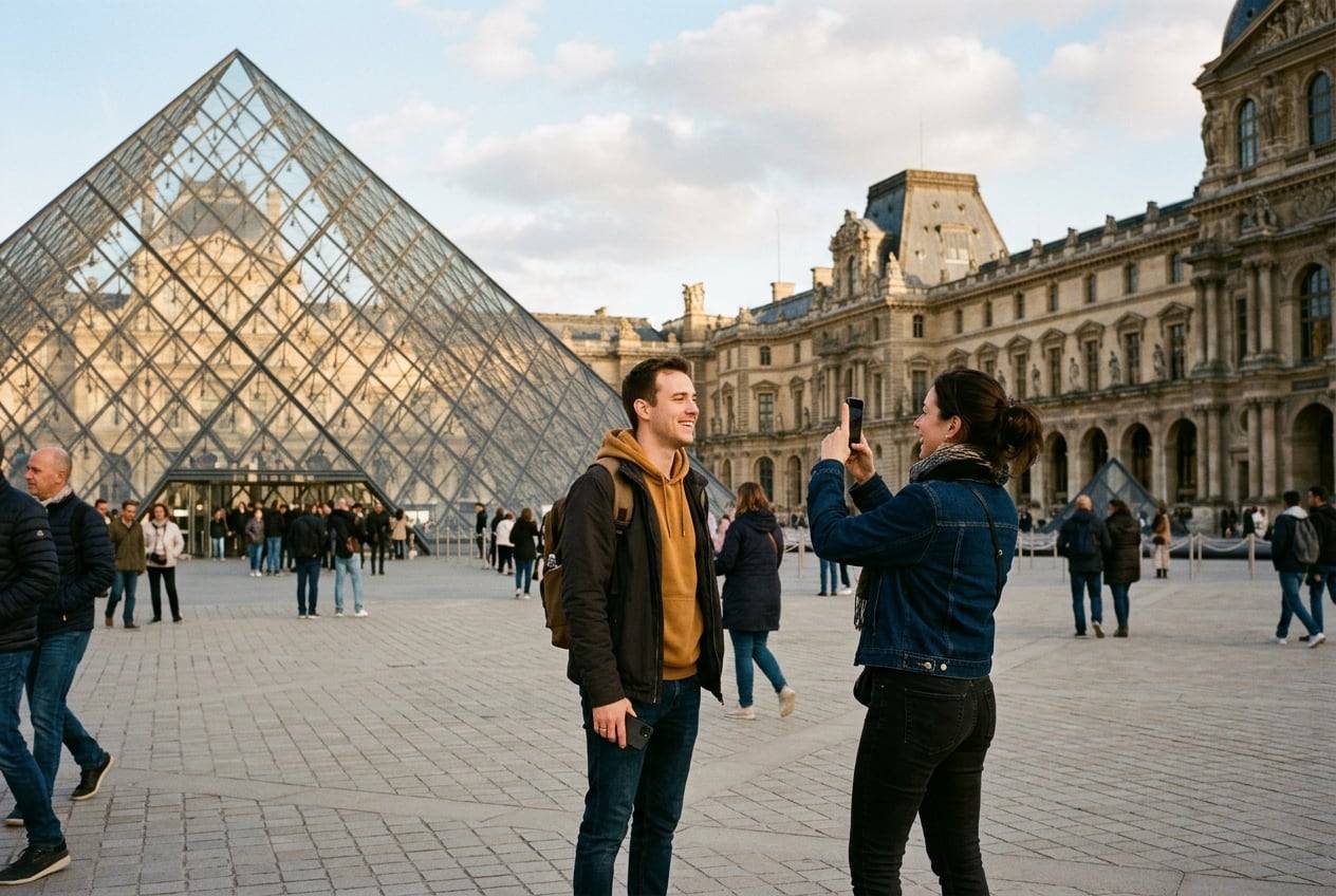 A couple at the Louvre Pyramid, Paris, photographing the view and each other with a phone for an Instagram post