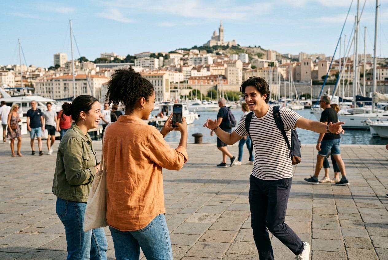 A young man on the Vieux-Port, Marseille, filming a short vertical Reel with a phone, one of them mid-movement