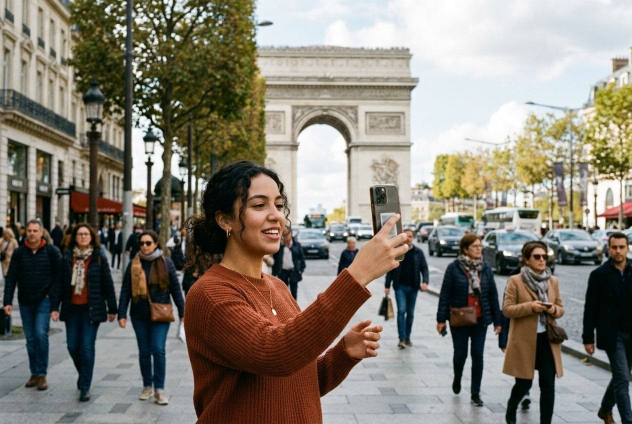 A young woman of North African heritage on the Champs-Élysées with the Arc de Triomphe, recording a vertical TikTok video talking to a phone held at arm's length