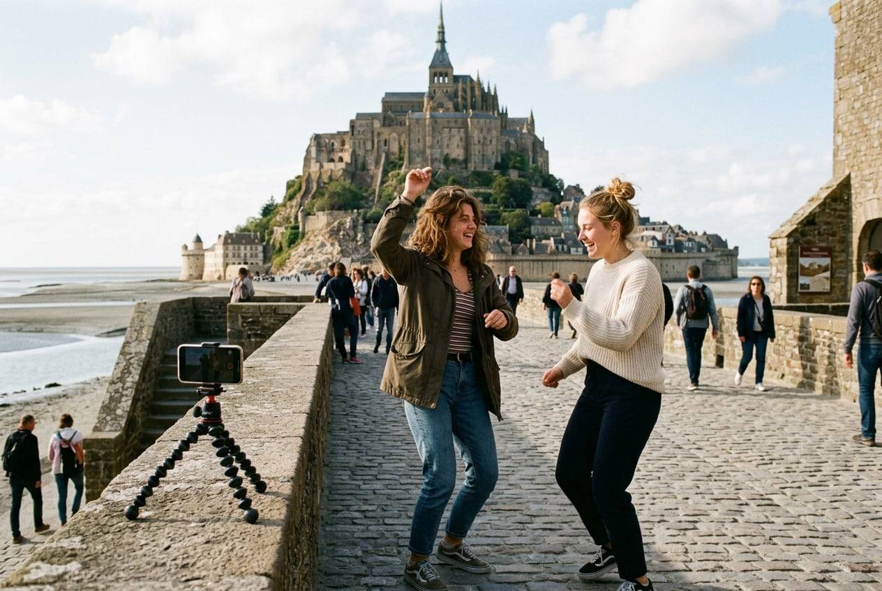 Two friends at Mont-Saint-Michel, dancing a TikTok trend together while a phone on a mini tripod records them