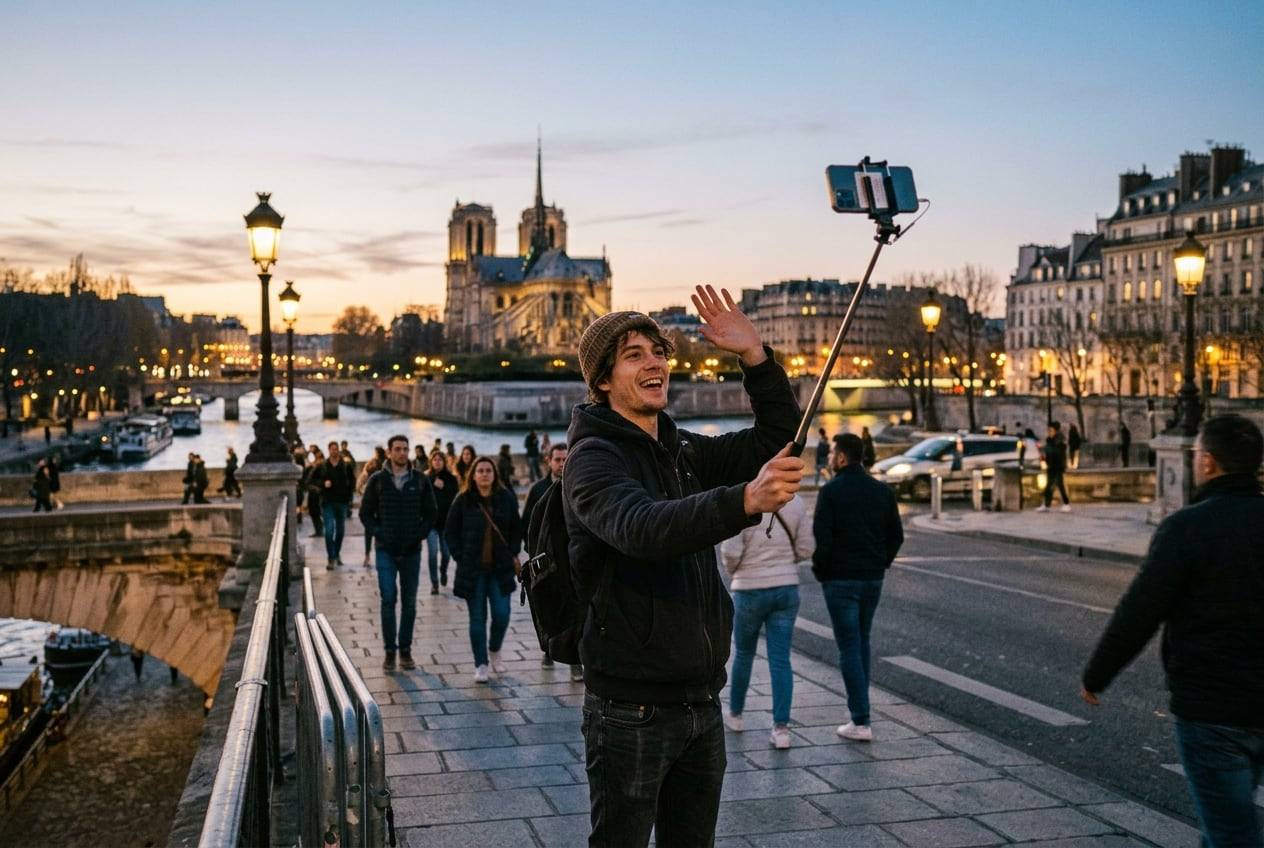 A young man at dusk on the Pont Neuf, Paris, going live on a phone on a selfie stick at dusk, waving at the phone, city lights coming on