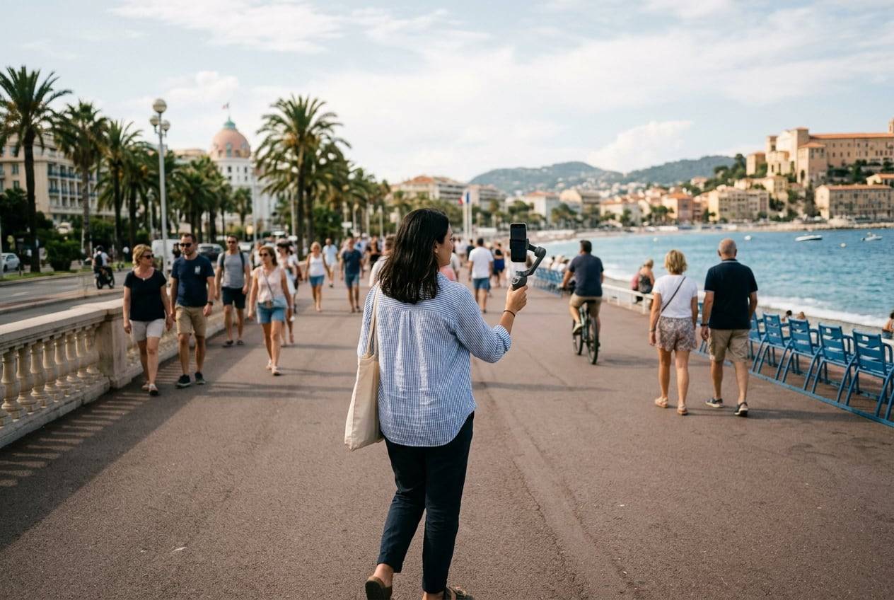 A woman in her 30s on the Promenade des Anglais, Nice, filming a vertical video with a phone gimbal while walking