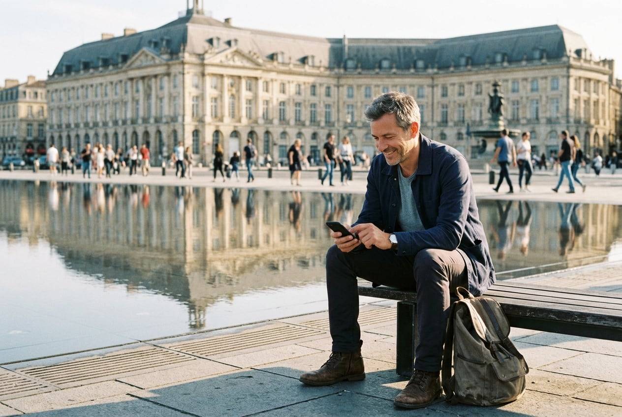 A man in his 40s at Place de la Bourse water mirror, Bordeaux, typing a post on a phone while sitting on a bench, smiling