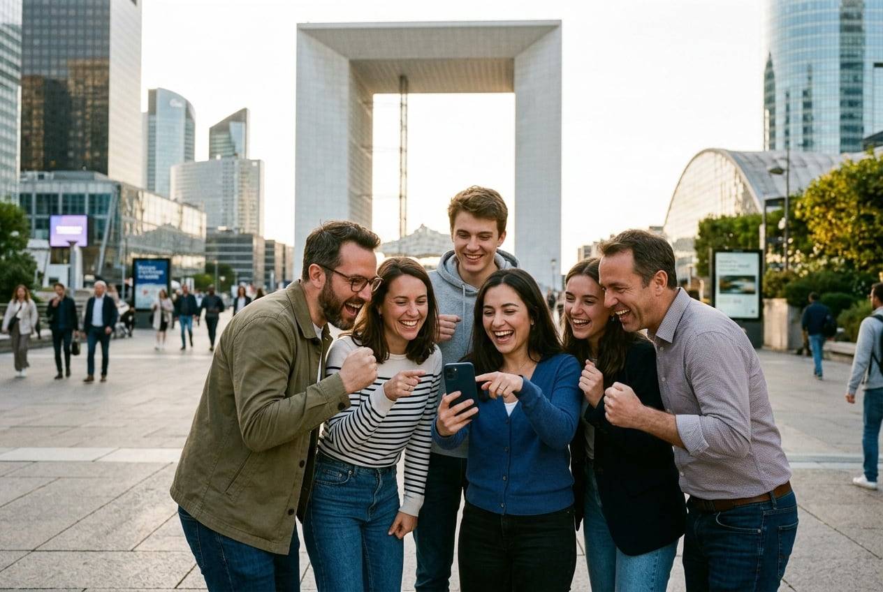 An office team at La Défense, Paris, cheering while looking at one phone, celebrating a campaign launch, in branded-free company clothes
