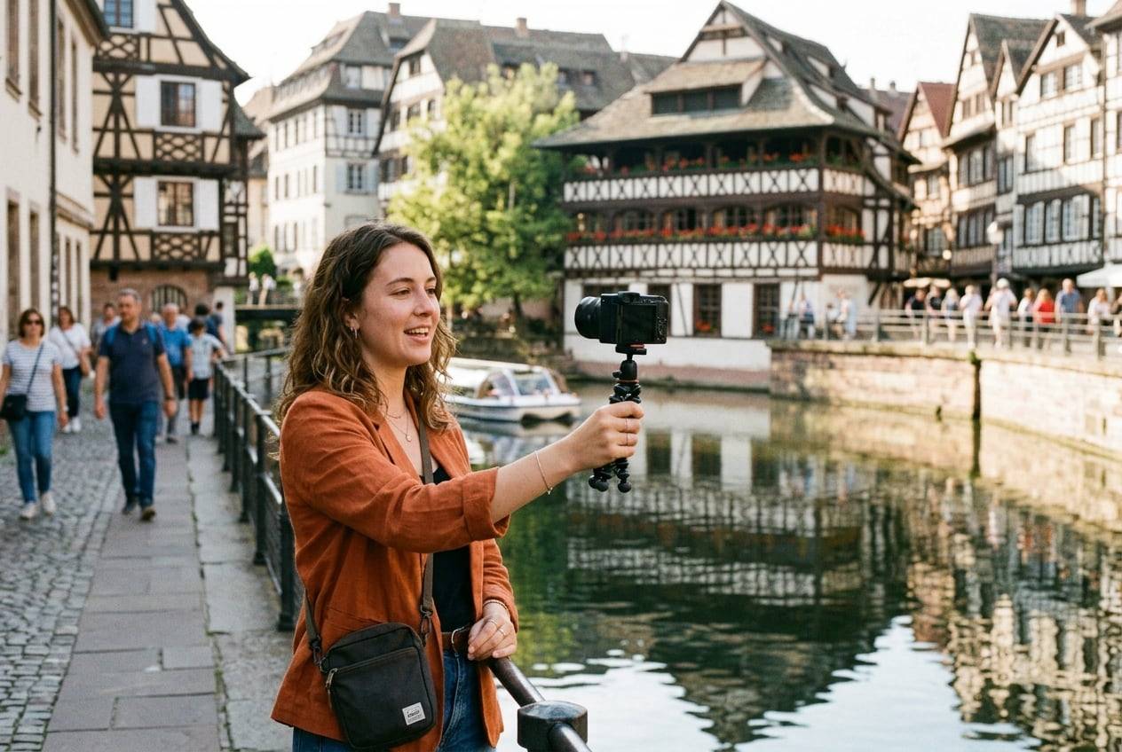 A young woman in Petite France, Strasbourg, filming a travel vlog with a small camera on a handheld tripod, one person talking