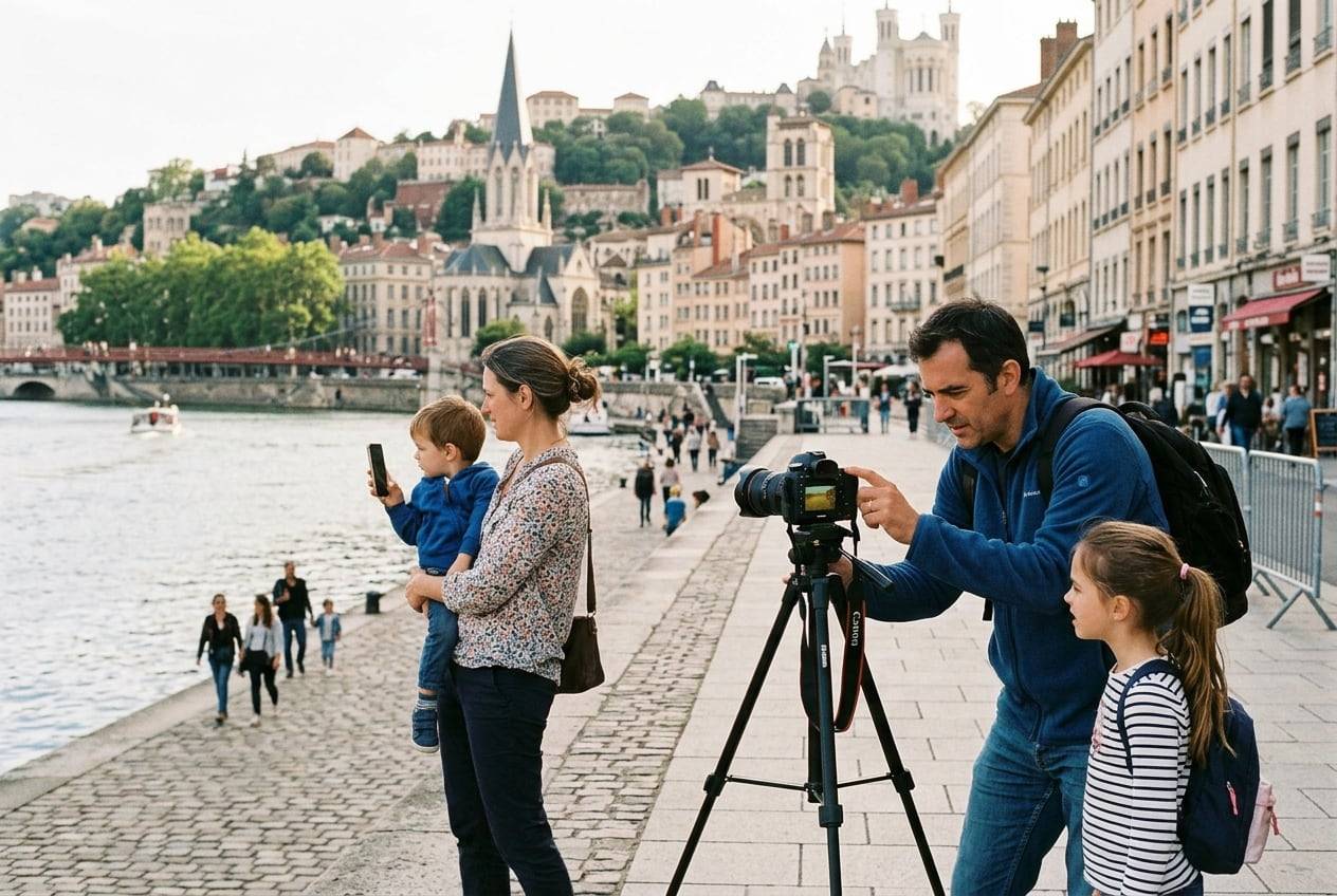 A family at Vieux Lyon by the Saône, filming a wide shot of the scene with a camera on a tripod, checking the flip screen