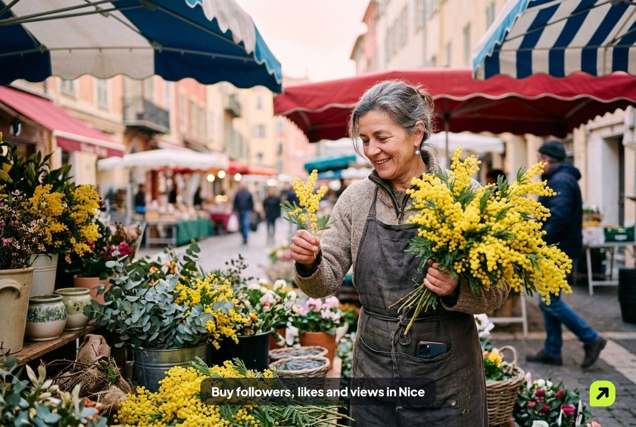 Flower seller arranging mimosa at an early-morning market stall in Nice's old town at dawn