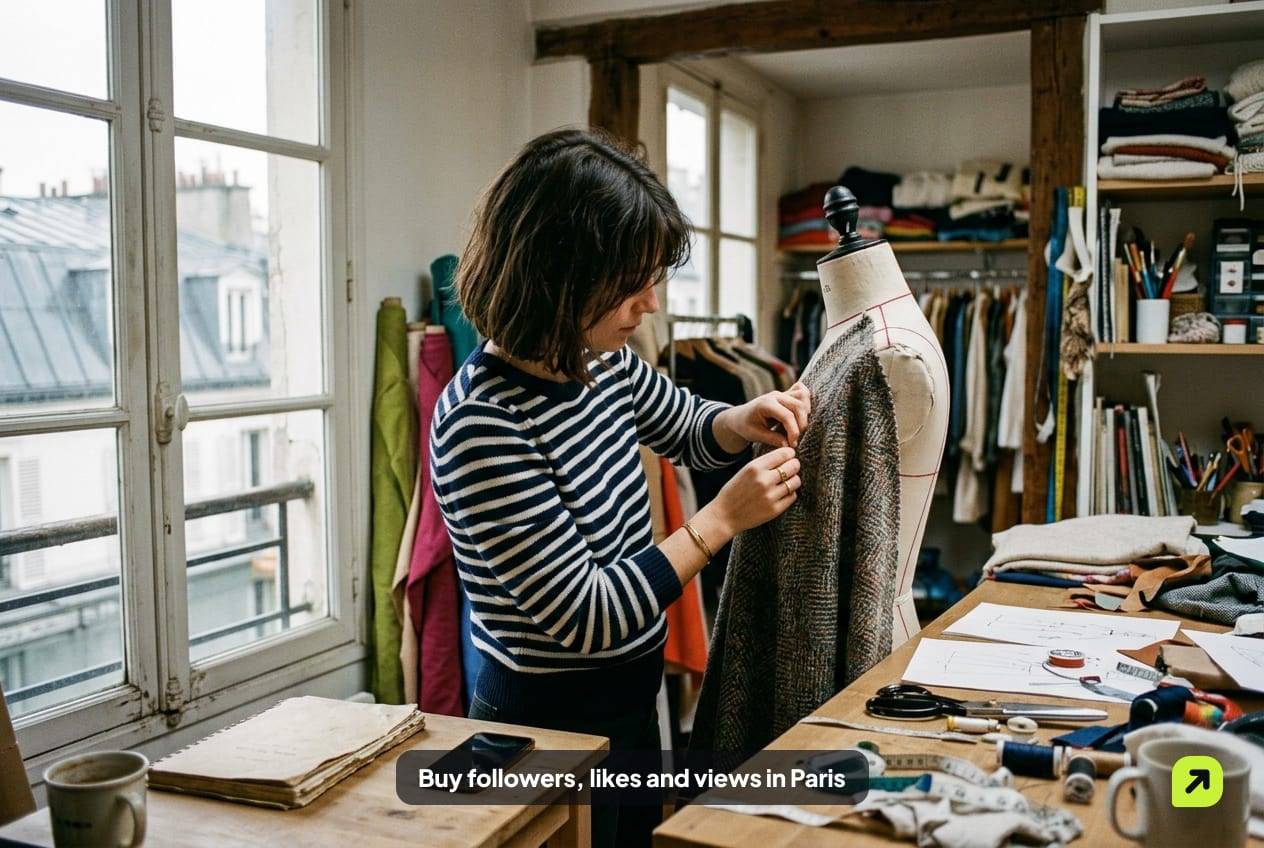 Designer pinning fabric on a dress form in a small atelier near Canal Saint-Martin, Paris, in morning light
