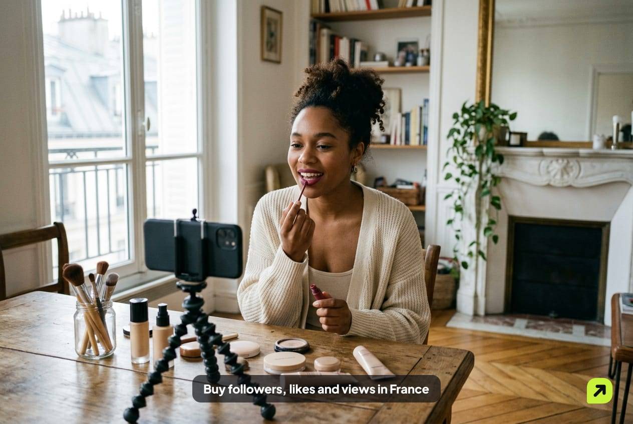 Beauty creator applying lipstick while filming a tutorial in a Paris apartment with tall windows and a marble fireplace