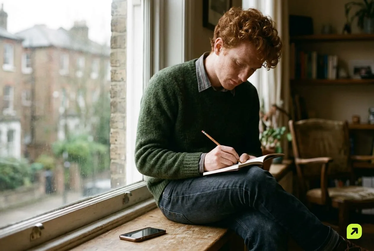 Young man on a window ledge writing a division sum in a notebook, phone face down beside him