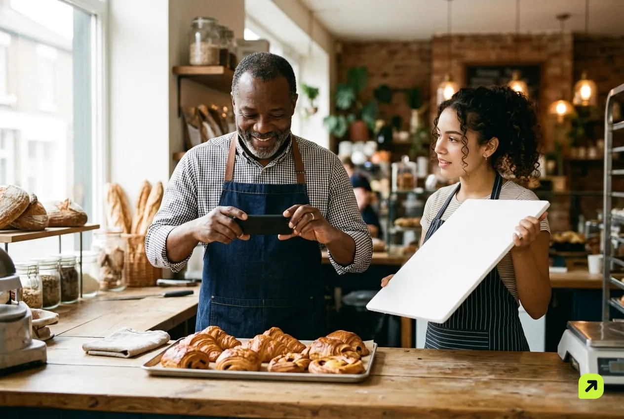 Bakery owner photographing a tray of pastries while a coworker holds a reflector, phone screen facing away