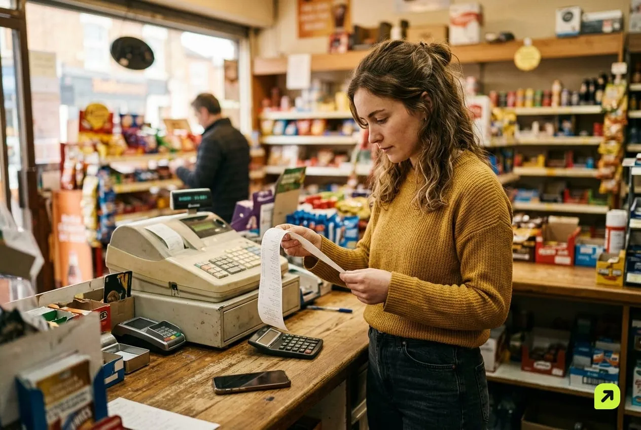 Woman at a shop counter reading a long receipt next to a calculator and a phone turned away from the camera