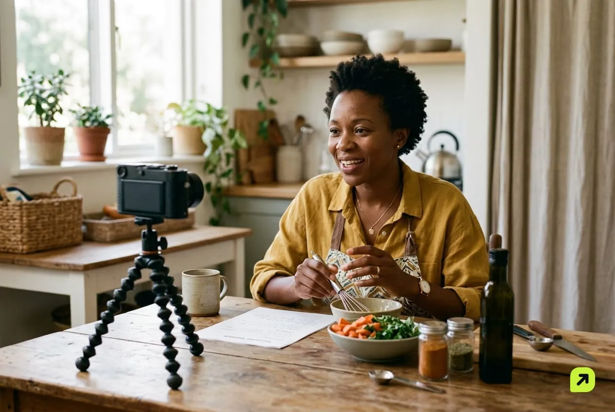 Woman recording a long tutorial at her kitchen table with a camera on a small tripod and a printed outline beside her