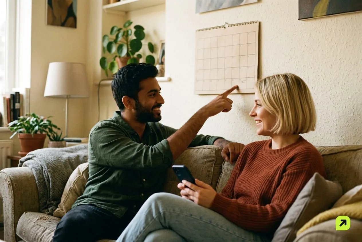 Two creators on a couch planning dates on a wall calendar, one holding a phone with the screen facing away